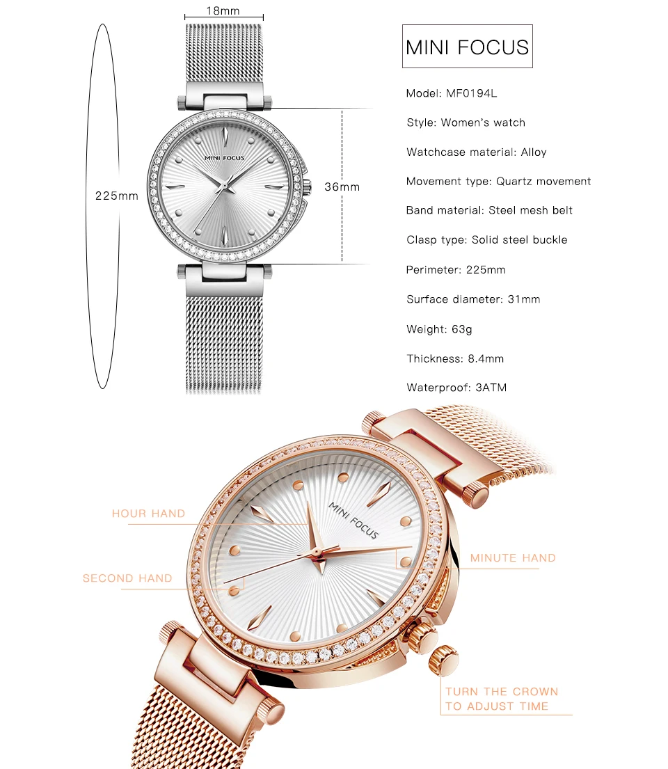 Мини-фокус королевские элегантные женские часы аналоговые кварцевые часы синий сетчатый ремешок с кристальным циферблатом модные женские часы лучший бренд класса люкс
