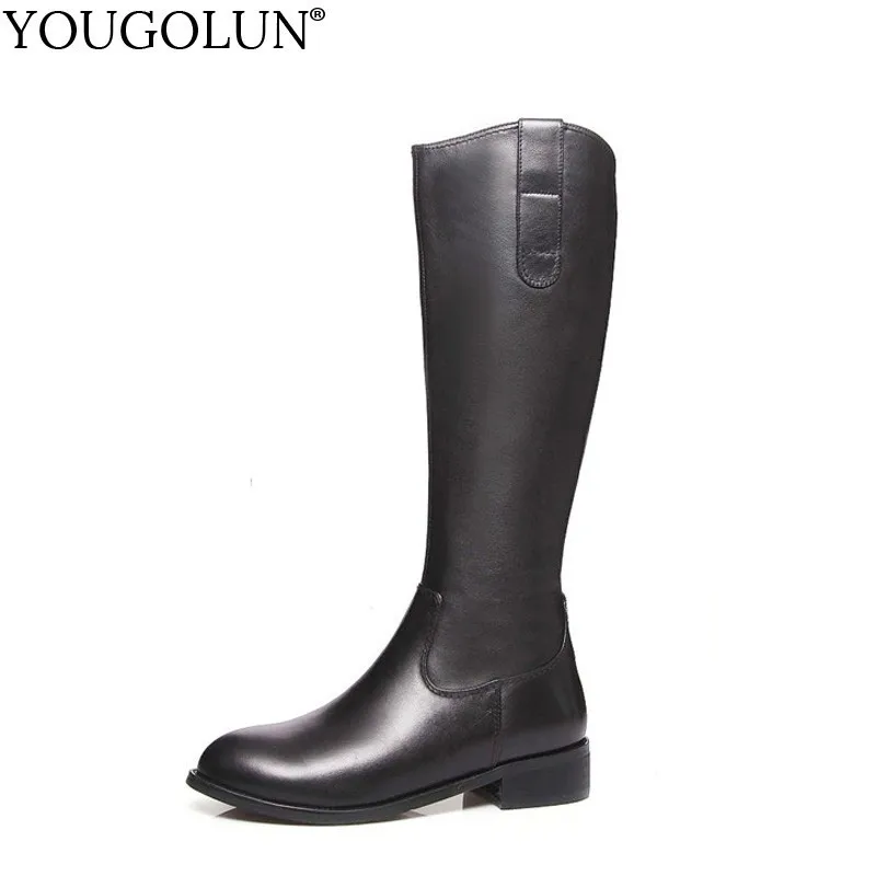 

YOUGOLUN Knee High Wester Boots Women Winter Ladies Round toe Low Square Heels Black Woman Buckle Zipper Leather Shoes #B250