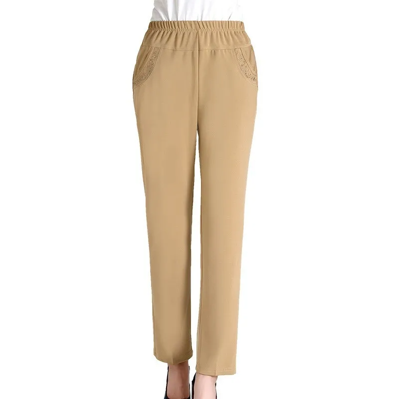

Spring Summer Middle Aged Women Casual Solid Color Pants High Waist Ankle-Length Straight Pants Elegant Trousers Plus Size