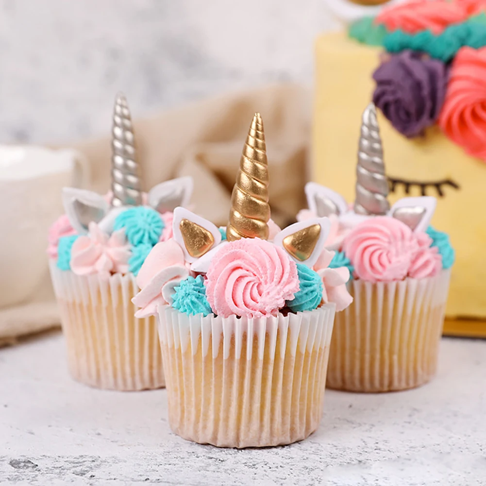 Dorado Unicornio Cuerno orejas Y Flores Comestible Cupcake Toppers Conjunto de 6
