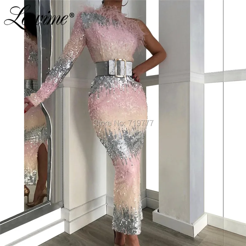 

Sequin One Shoulder Evening Dresses Ankle Length Feather Couture Party Dress For Middle East Women 2019 Arabic Dubai Prom Dress