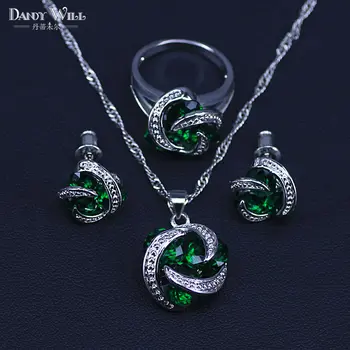 

Classic Round Green Cubic Zircon Women's silver color Jewelry Sets Hoop Earrings/Pendant/Necklace/Rings Free Shipping