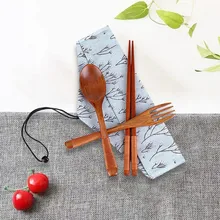 Vintage japonés de madera palillos chinos, cuchara, tenedor vajilla 3 uds con bolsa de tela cena decoración de mesa de cocina herramientas de nuevo regalo