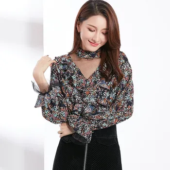 

2019 Women Ruffle Long Sleeve Fashion Shirt Fishnet Sexy Halter Blouse Female Flower Print Blouse Blusa