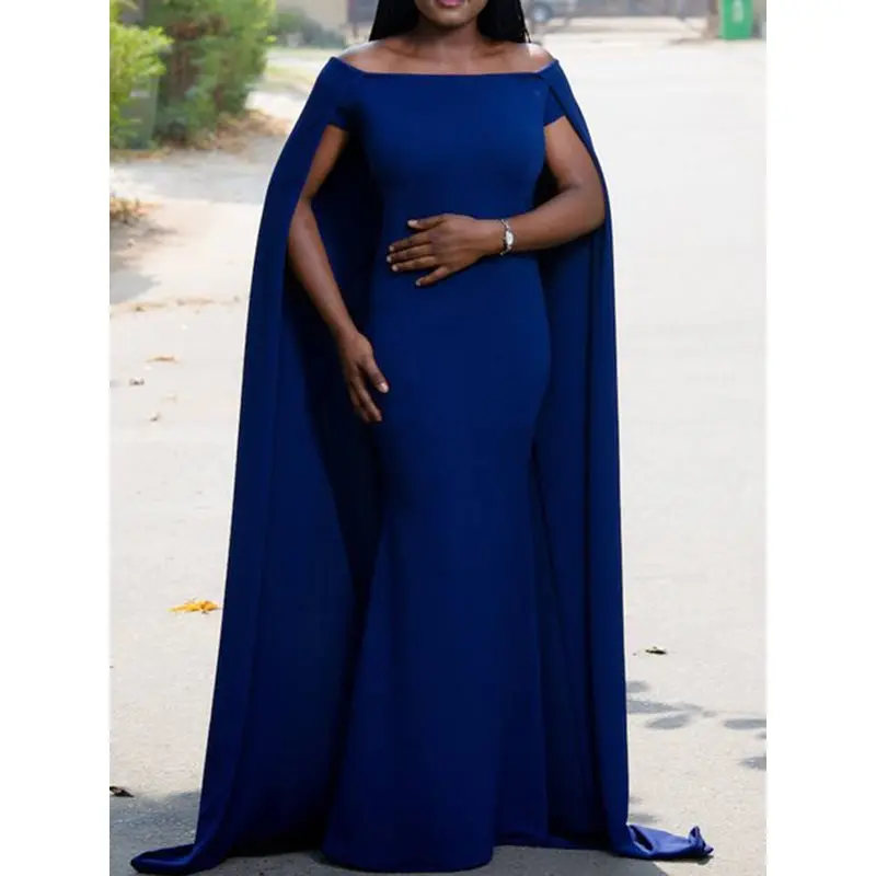 

Summer Elegant Party Vintage OL Lady Autumn Wrap Blue Satin Women Long Dresses Mermaid Off Shoulder Retro Africa Sexy Maxi Dress