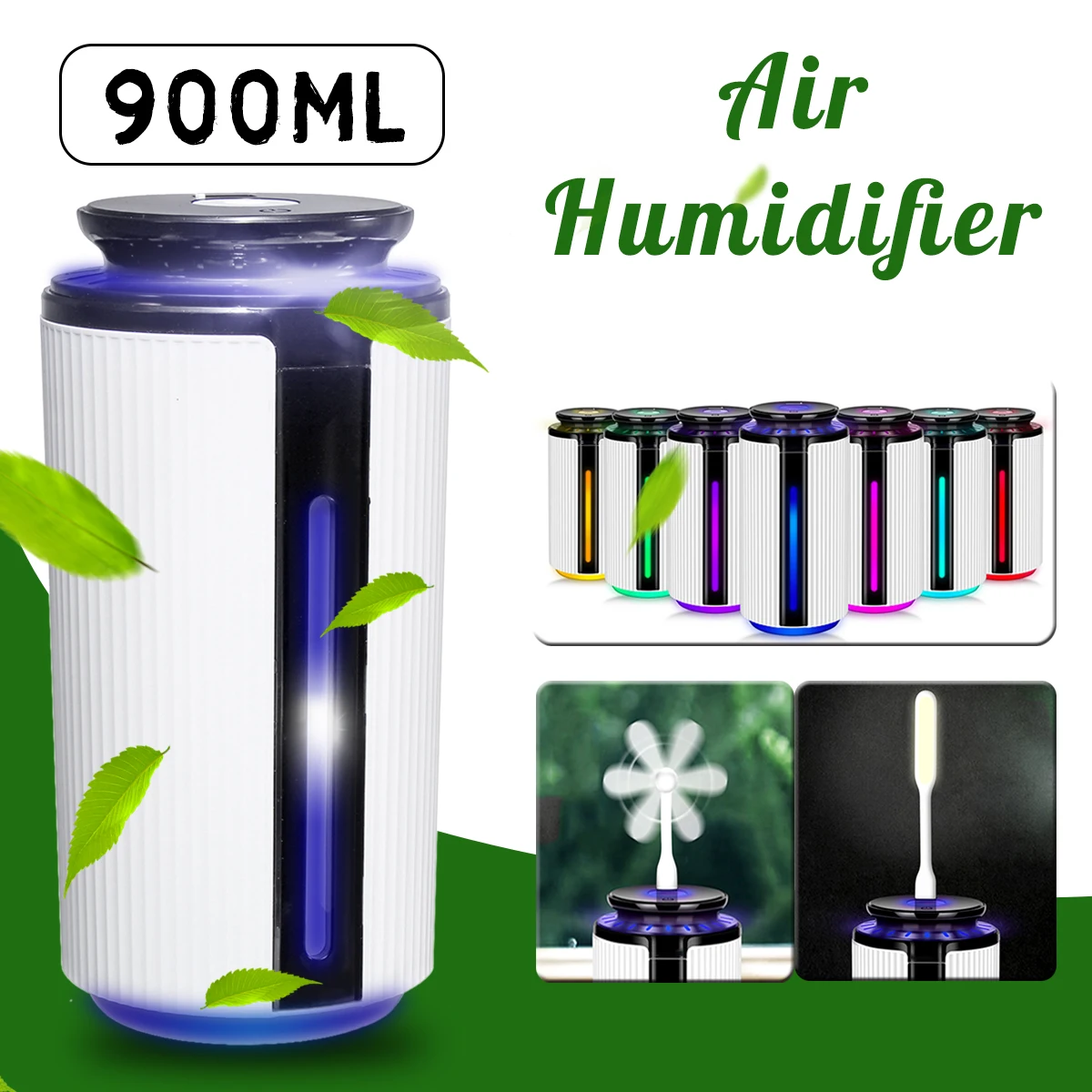 

900ML LED Light 7 Colors Ultrasonic Air Humidifier Ultra-Quiet Diffuser USB Extension Port Aromatherapy Cool Mist Maker for Gift