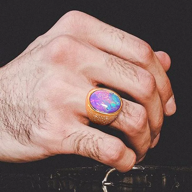 Gents Oval Opal Ring in Gold Stainless Steel Vintage Men