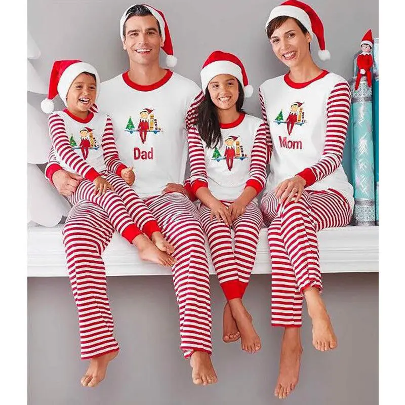 

Family Matching Outfits Christmas Pajamas Homewear Sets Merry Christmas White Shirt+ Red Stripe Long Pants Sleepwear Nightwear