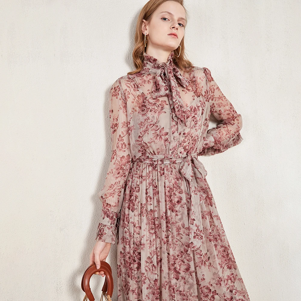 [LIVIVIO] Boho Цветочный Принт женское платье со стоячим кружевом и рюшами прерия шик