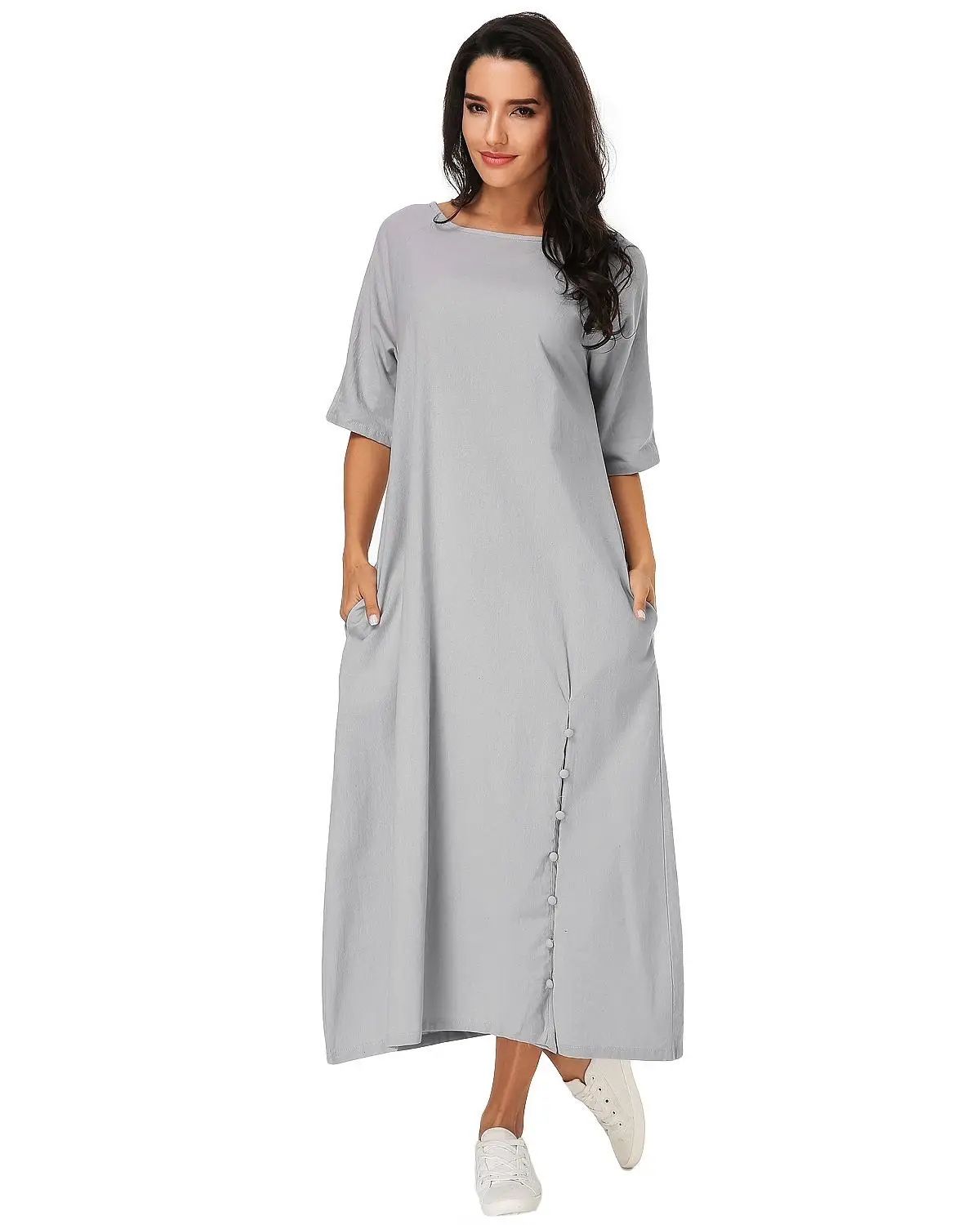 Vintage Mid-calf Dress Women 2019 Summer Casual Loose O Neck Half Sleeve Solid Vestidos Elegant Lad