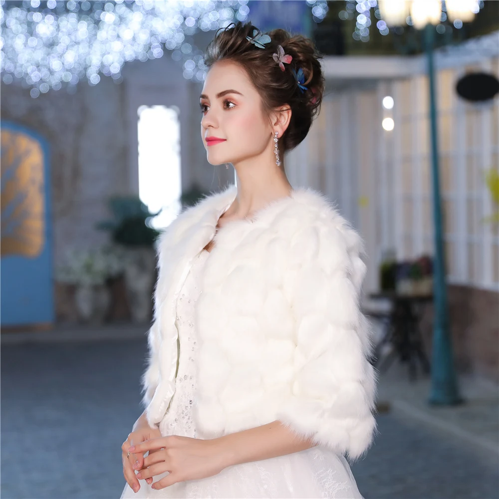 Великолепное теплое зимнее белое свадебное болеро из искусственного меха, куртка с рукавом средней длины, модная женская накидка, новинка