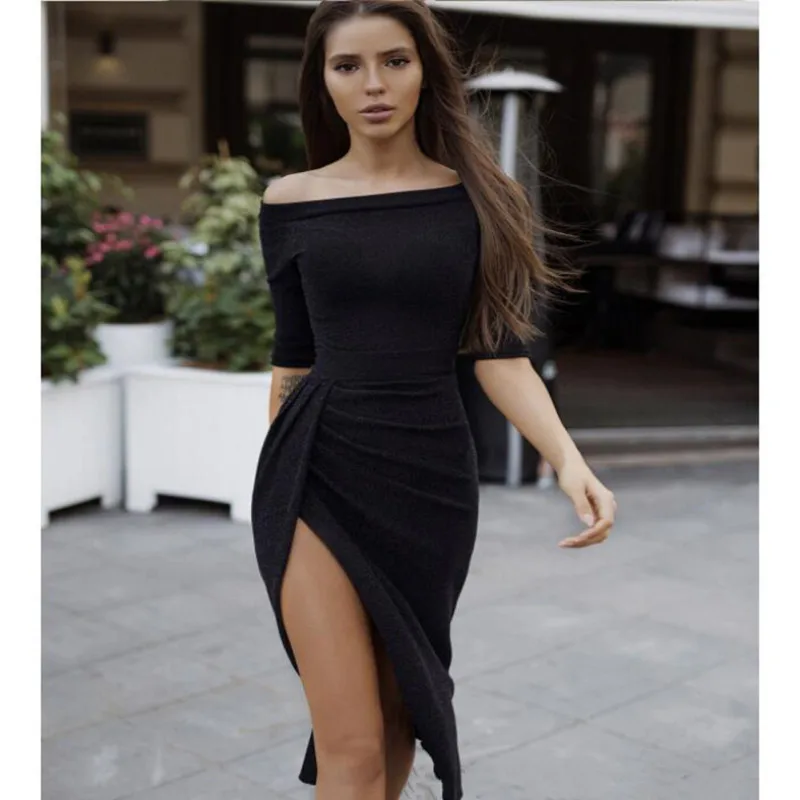 

Summer Dresses Summer Women's Slash Neck Off Shoulder Half Sleeve Skinny Long Dress High Waist Slit Dress