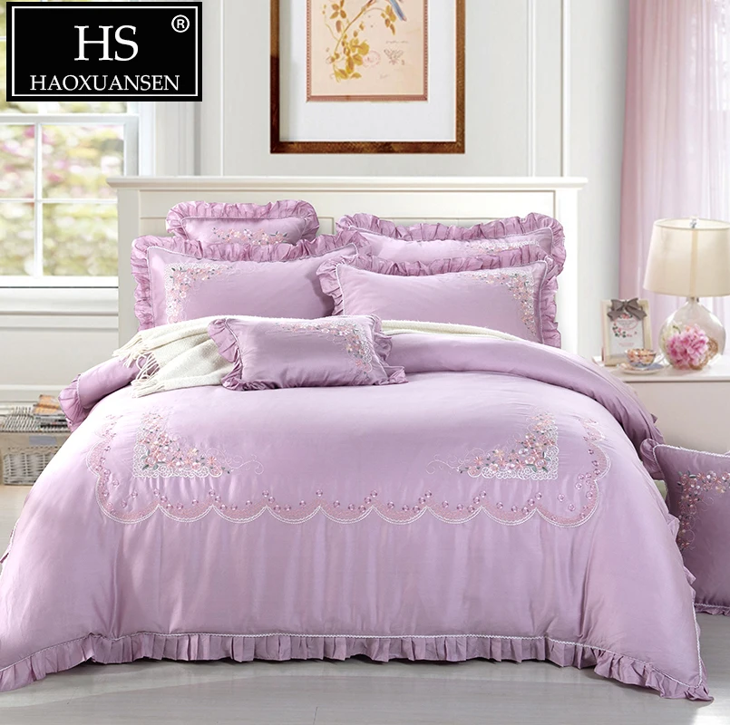 

HS Pink Egyptian Cotton Embroidery 60S Bedding Sets for girl King Queen Size Luxury Bedroom Sets