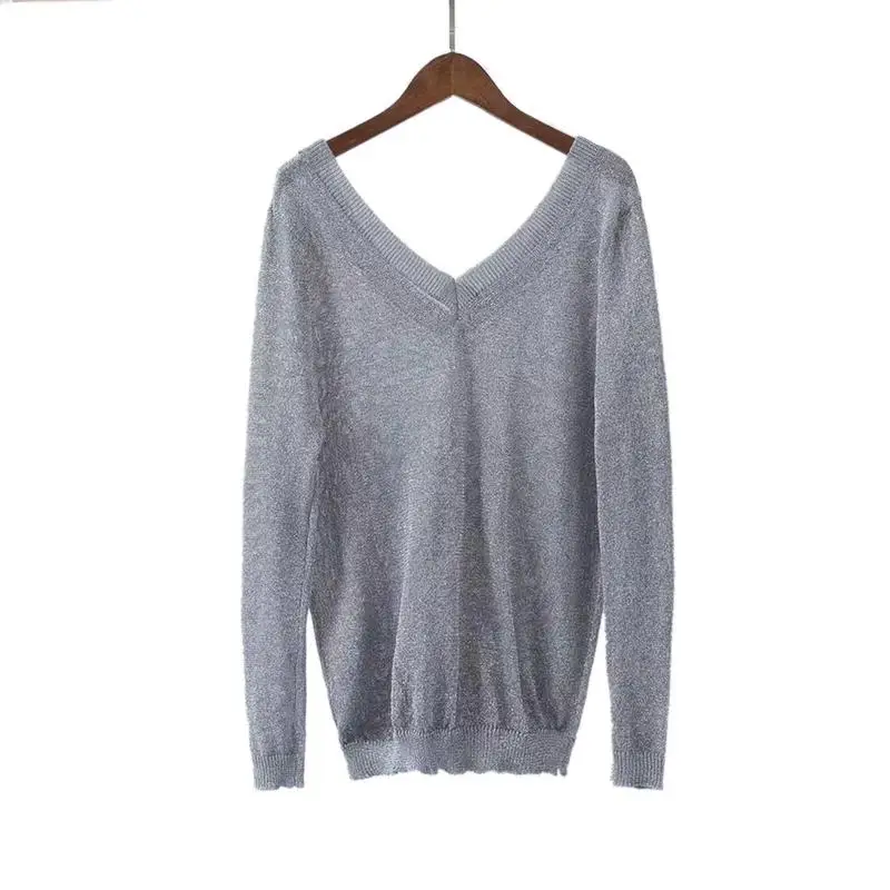 Loose Fitted Versatile Thin Section with Bright Silk Flash tops V- Neck Women solid Sweater | Женская одежда