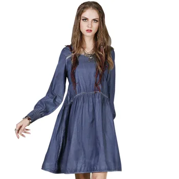 

#2403 2018 Spring Autumn Vintage Lace Edge Long Sleeve Denim Dresses Women Vintage Loose High Quality Jeans Dress Female Elegant