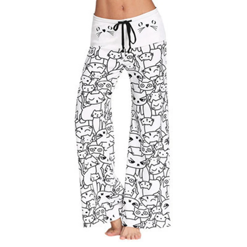 

Women High Waist Cartoon Cat Print Casual Pants Wide Leg Boho Lace-up Loose Pant