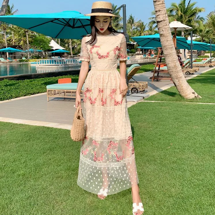 

Comelsexy Summer Mesh Embroidery Floral Short Sleeve Maxi Dress High Quality Holiday Beach Women Long Dress Vintage Dot Vestidos