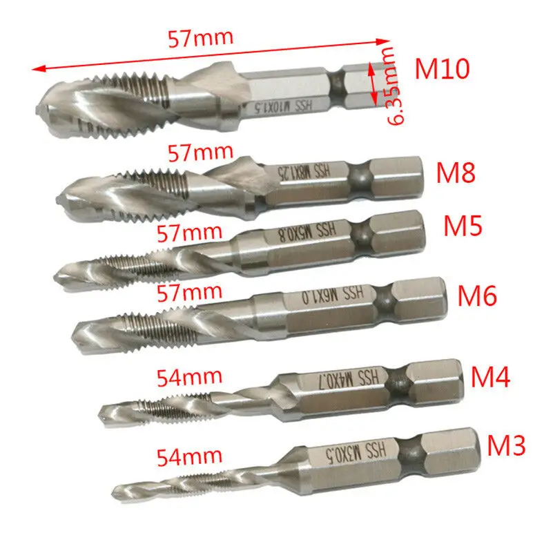 6 шт./партия M3-M10 сверла и сверла 1/" с шестигранным хвостовиком Набор насадок для винтов набор инструментов Деревообрабатывающие инструменты Метрическая резьба Druoship