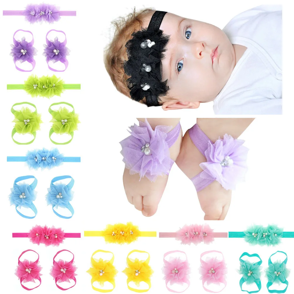 

3pcs/set Girls Lace Hairband Barefoot Sandals Foot Band Flower Pearl Headband Set kids Hair Accessories