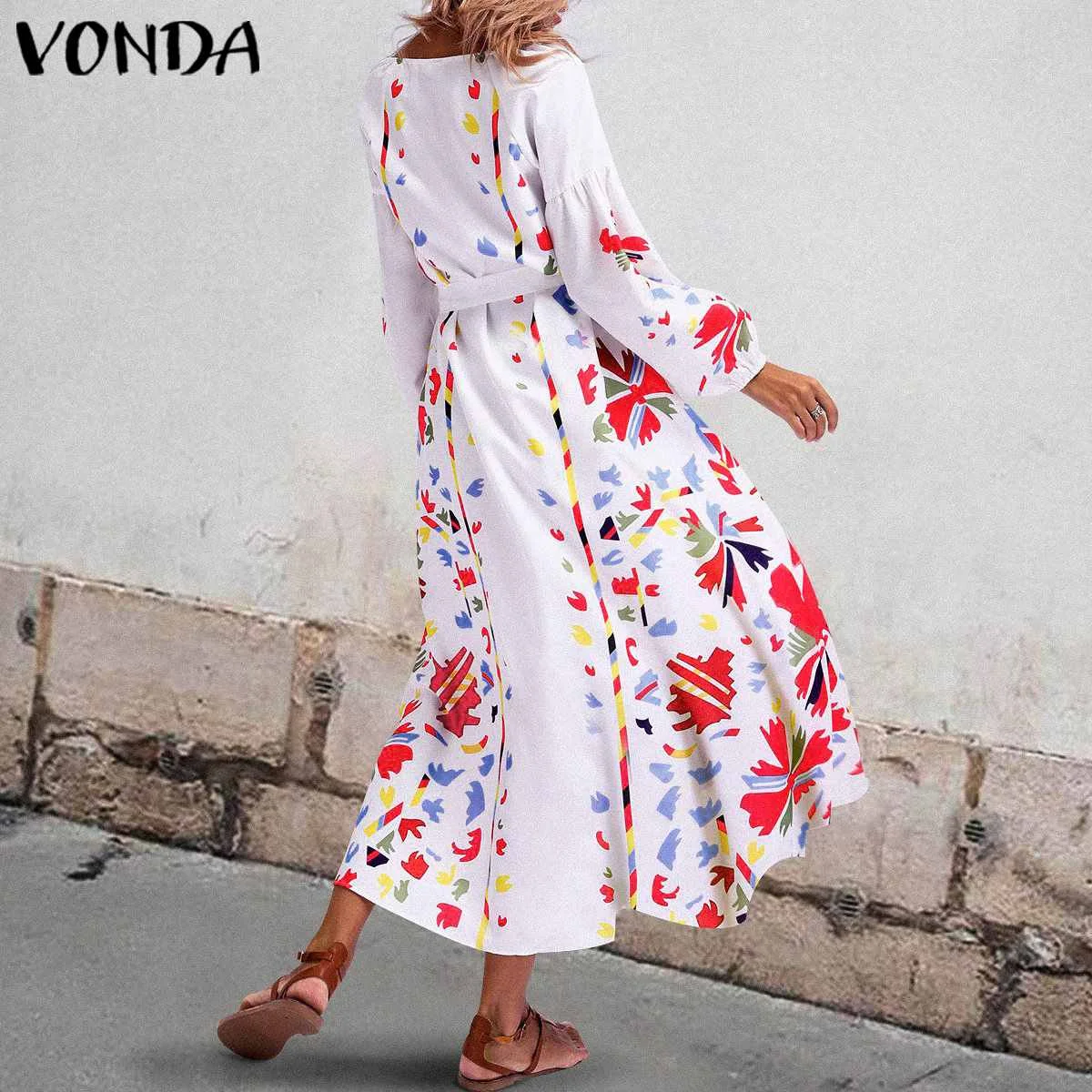 2019VONDA женское богемное летнее платье, весеннее винтажное длинное платье макси с цветочным принтом, повседневное Свободное платье с v-образным вырезом, платье размера плюс 5XL