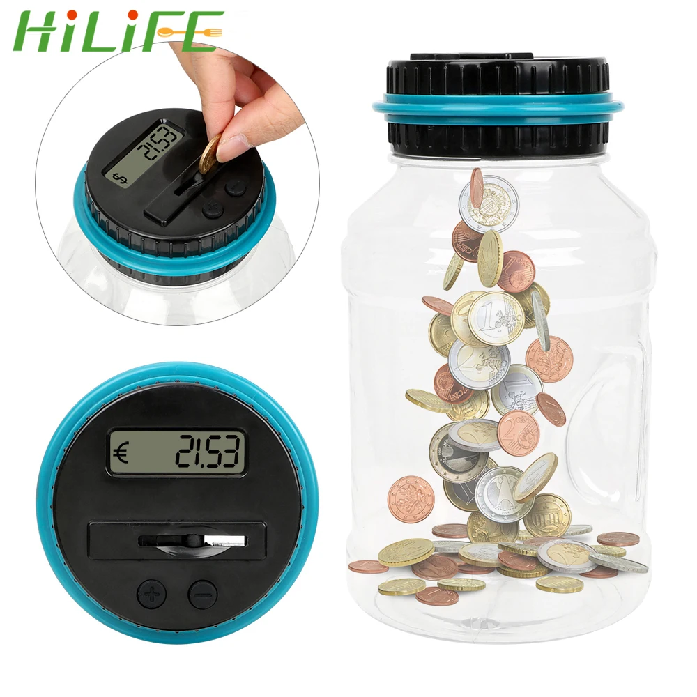 HILIFE Piggy Bank Digital LCD Screen with Automatic Counter For USD EURO ABS 1.8L Money Saving Box Coins Storage Jar