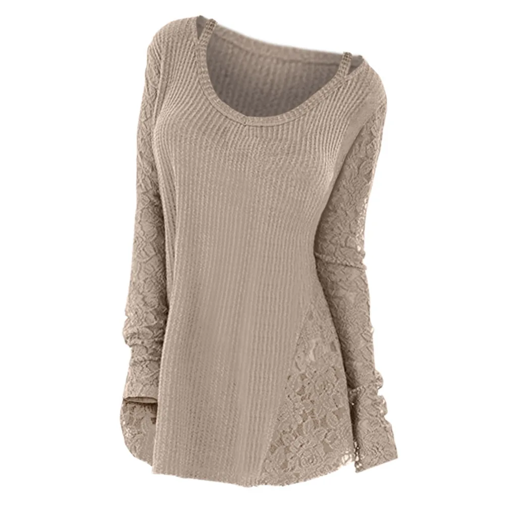 

2019 Plus Size Lace Panel Floral Women Sweater Long Sleeve Autumn Winter Knitted Tops Solid Jumper Casual Pullovers pull femme