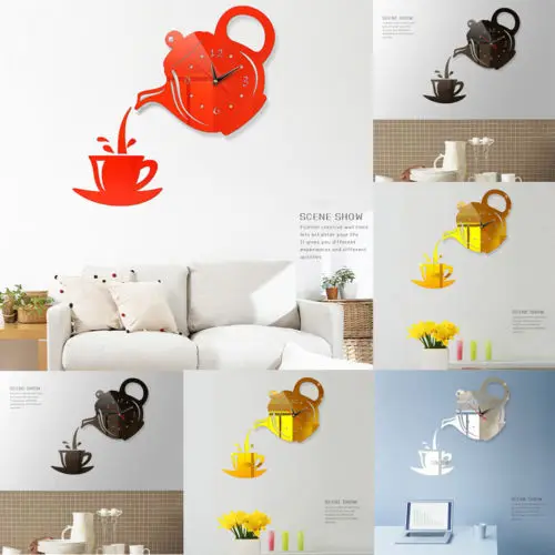 

Brand New DIY 3D Mirrors Number Wall Clock Sticker Teapot Shape Home Office Decor Art Design Room Modern Decoration