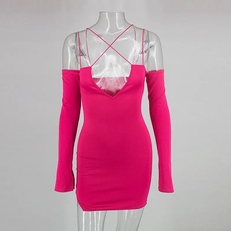 Продажа Tobinoone мини платье на бретельках, женское платье с разрезом, длинным рукавом, глубоким v образным вырезом, сексуальное облегающее платье с отк...