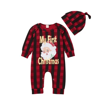

Xmas Toddler Kids Baby Girls Boys Autumn Winter Romper+Hats 2PCS Santa Print Plaid Long Sleeve Jumpsuits Romper