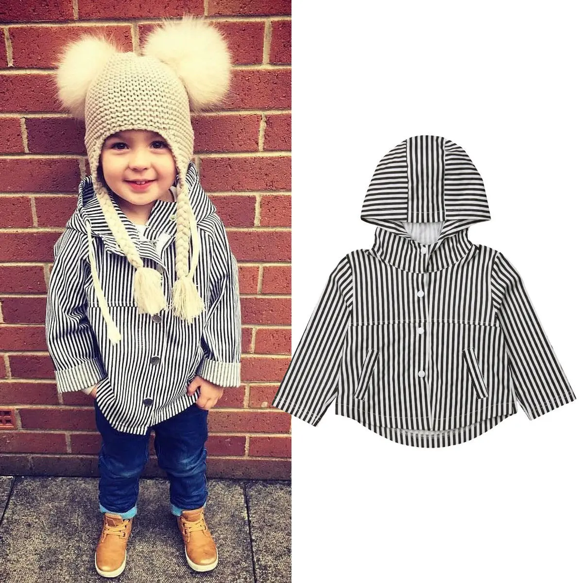 

1-5Y Infant Kids Baby Girls Boys Autumn Jacket Coat Single Breasted Hooded Striped Slim Warm Outwear
