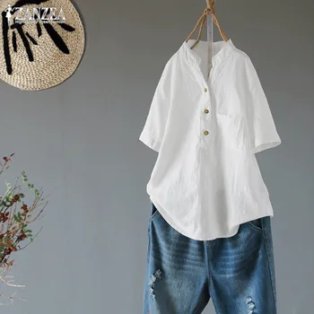 

Stylish V Neck Blusas 2019 ZANZEA Women's Linen Blouses Vintage Female Button Shirts Casual Tunic Tops Kaftan Chemise Oversized