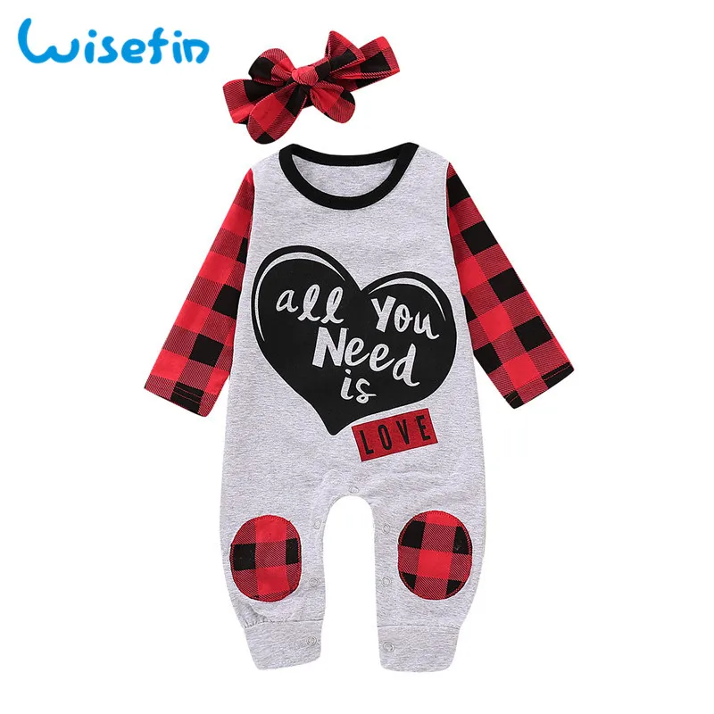 

Wisefin Baby Rompers for Newborn Baby Spring Autumn Baby Clothes Girls Romper With Headband Toddler Romper Jumpsuit Plaid 2019