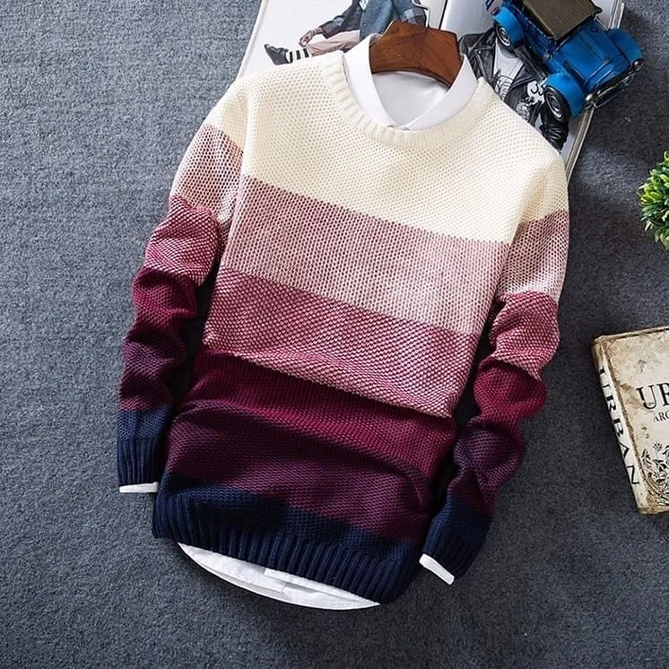 Skup Wiosna jesień męska kurtka płaszcz moda wełna paski O Neck dopasowany obcisły sweter swetry męskie odzież sweter mężczyźni Pull Homme