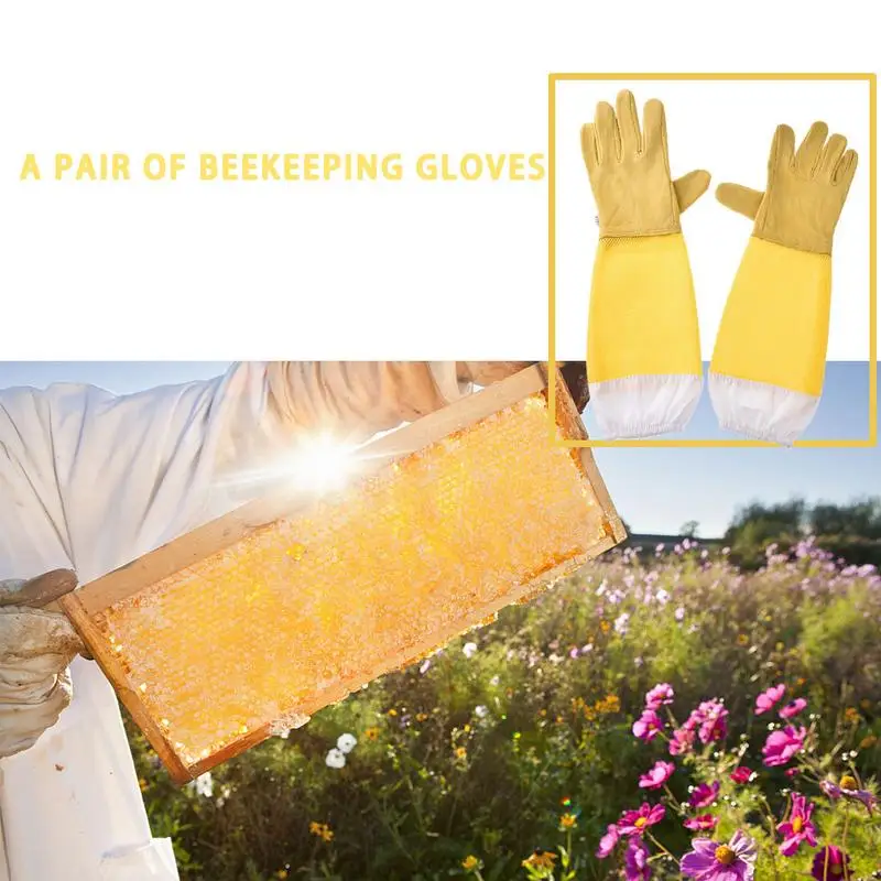 

1 Pair Yellow Beekeeping Gloves Goatskin Bee Keeping Wear Resistant With Vented Beekeeper Long Sleeves For Beekeepers