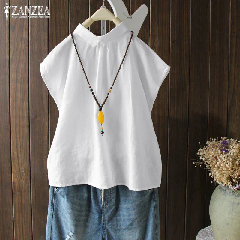 

Vintage Casual Linen Tops 2019 ZANZEA Women's Blouse Turn-Down Collar Blusas Female Back Button Chemise Summer Shirts Oversized