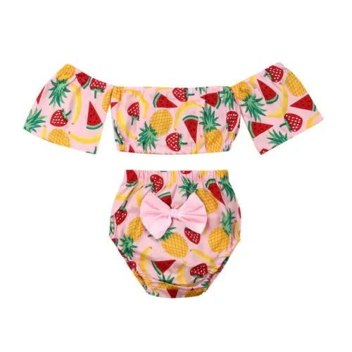 

Summer Toddler Baby Girl Clothes Sets Pineapple Print Off-shoulder Short Sleeve Top+Shorts Outfits 2pcs Set