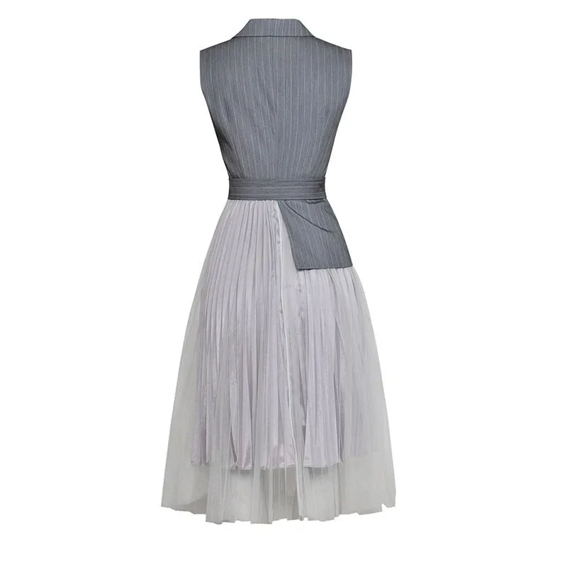 [EAM] весеннее женское серое платье без рукавов на одной пуговице с отложным воротником, привлекательное Сетчатое платье LD627