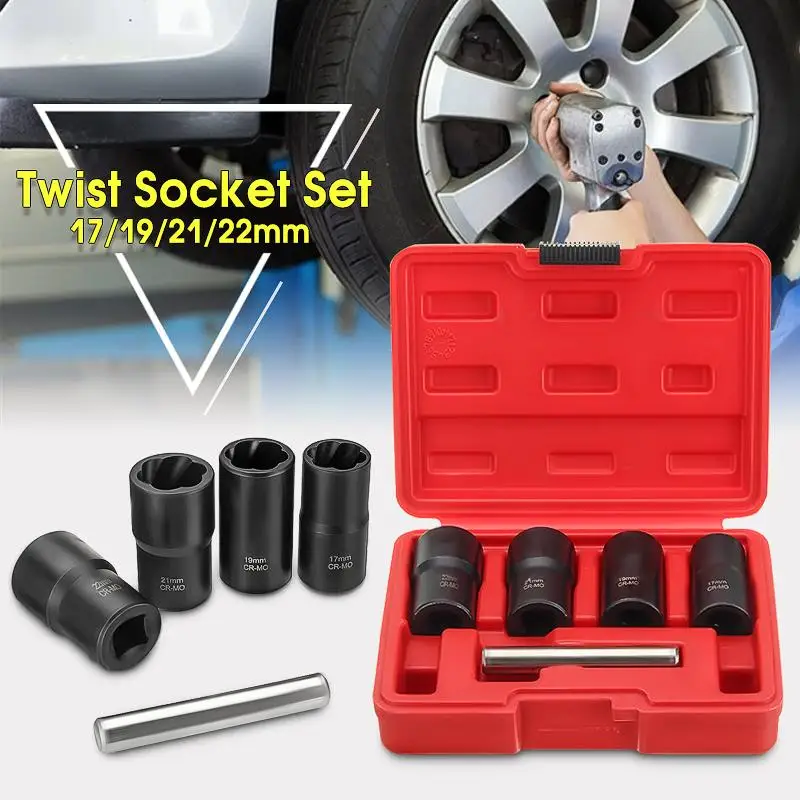 

5pcs Twist Socket Set 1/2 inch Drive Wheel Lock Nut Remover /Removal 17 19 21mm 22mm Twisted Socket