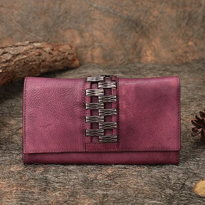 

Brush Color Clutch Anchor Nail Genuine Leather Women Wallets Rivets Purse Long Design High Capacity Cell Phone Pocket Coin Purse