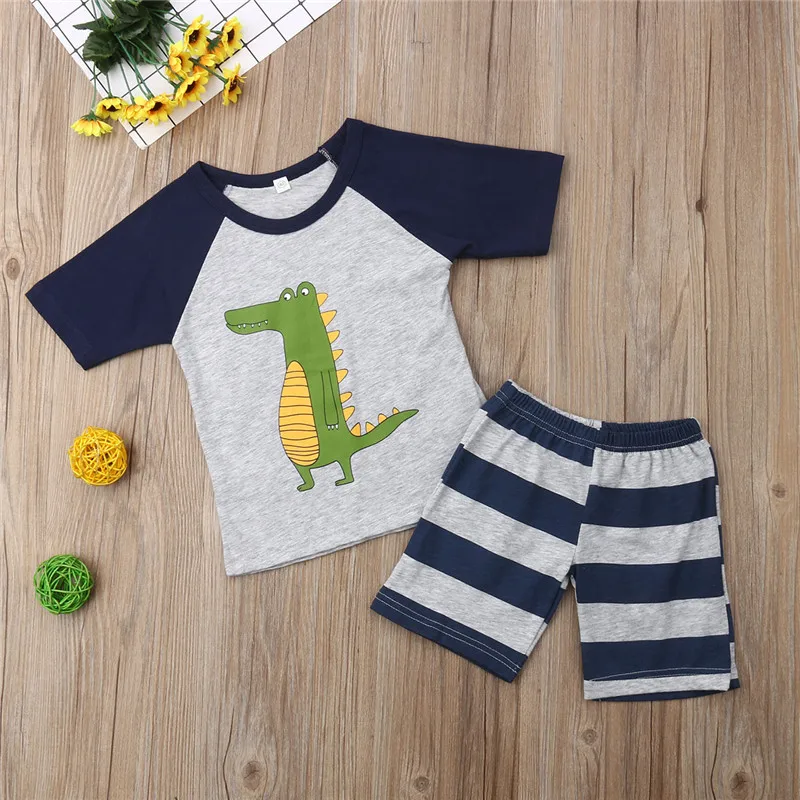 

Kids Baby Boys clothes pullover round neck Dinosaur print Short Sleeve Tops Striped shorts 2pc Toddler cotton lovely Outfits