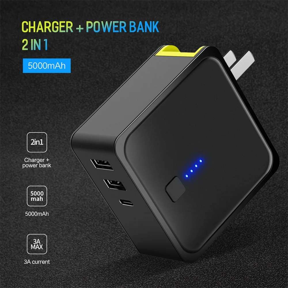 

2 in 1 5000mAh Power Bank with Wall USB Charger 2 Ports Fast Quick Charge for iPhone Samsung Power Supply External Battery Pack
