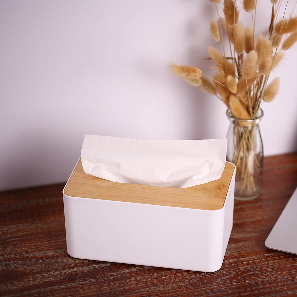 Bamboo Cover Napkin Holder Square Round Plastic Tissue Box Container