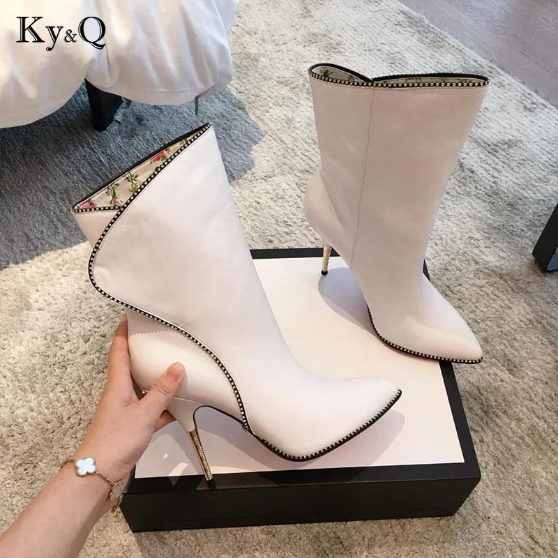 Feine white Stiefel Marke Aus Party Heel Leder Black Qualität Schuhe Spitz Neue Mode High Frauen Echtem FzwZz0qX