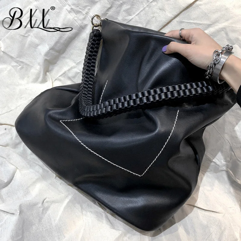 

BXX Bag / 2019 Spring Winter Stylish New Solid Black Color Single Belt High Capacity Leather Spliced Accessory All Match Le945