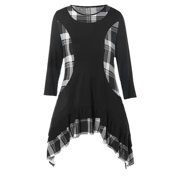 

Plus Size Female T-Shirt 2019 Spring Flounce Plaid T Shirt Dress Women Long Sleeve O-Neck Lady Baseball Tops Long Tunic Tshirt