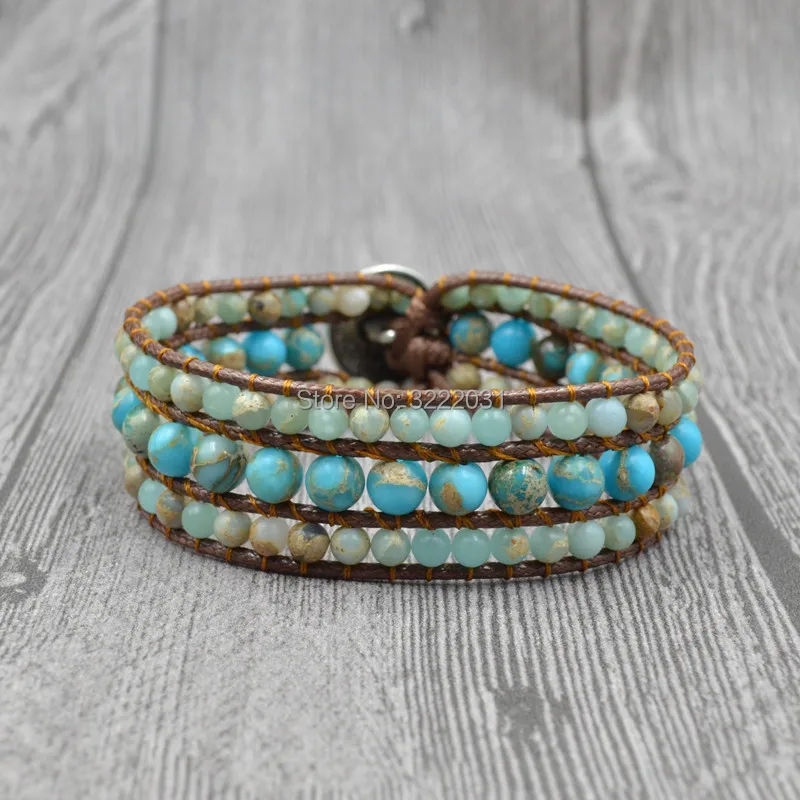 Multilayers Wrap Bracelets Handmade Boho Natural Stones Beaded Cuff Bangles for Girls with Blue Beads on Wax Leather Cord Braide | Украшения