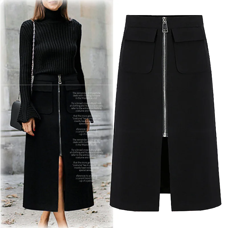 

Queechalle Women's Skirts Bandage 2019 Autumn Office Lady Empire Elegant Skirt With Pocket Split Zipper Closure Plus Size Skirt