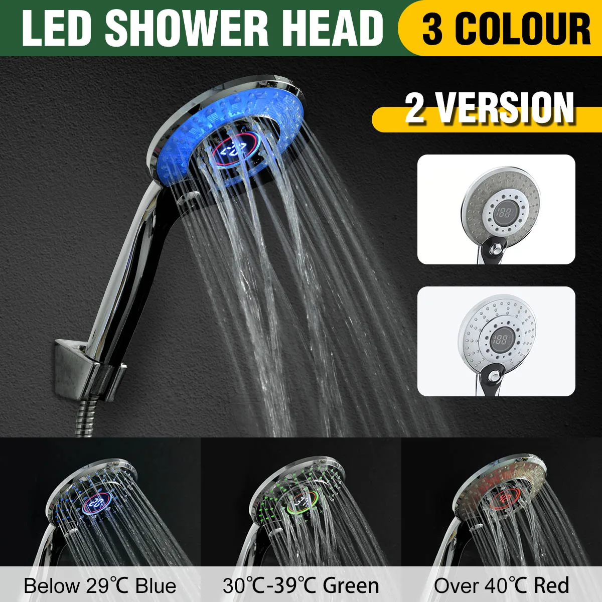

Chrome Automatic Led Shower Head 5Modes 3 LED Colors Change Temperature Display Gradual Changing Water Glow Bathroom Pressurized