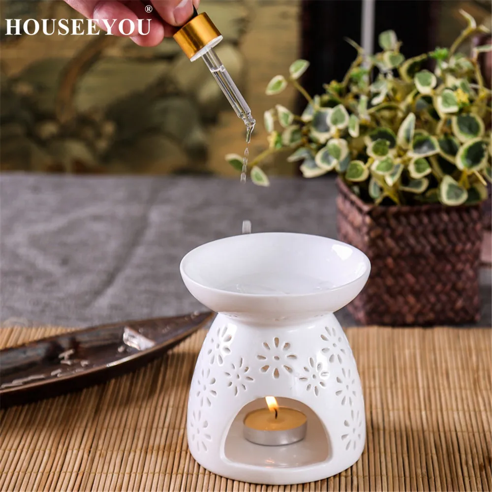 

White Ceramic Tea Light Candle Holder Aroma Burner Aromatherapy Essential Oil Lamp Heater Diffuser Candlestick Censer Home Decor