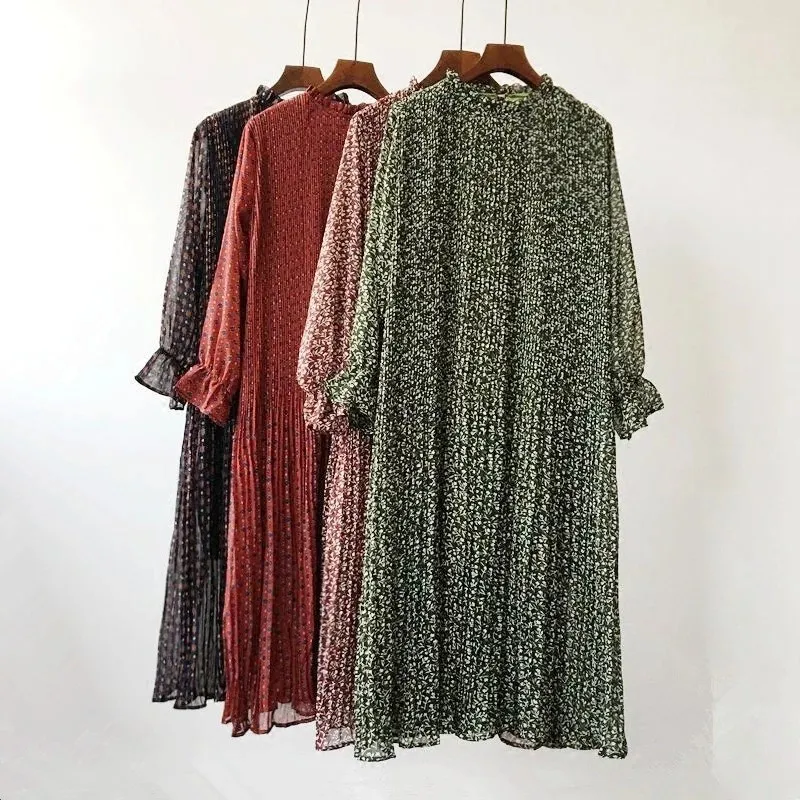 

2019 Stand Neck Floral Print Empire Chiffon Dress Long Sleeve Ruffle Pleated Empire Midi Dress Fashion Women Dresses